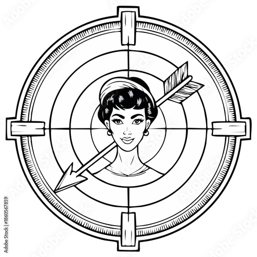 Woman in crosshairs with arrow pointing at her face vintage illustration art