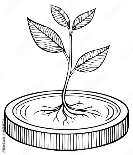 Growing green plant sprouting from a coin symbolizing financial growth and investment