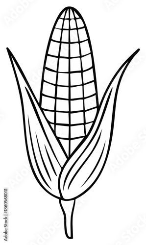 Black and white illustration of an ear of corn with husk and leaves, agricultural concept.