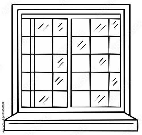 Simple illustration of a white framed window with multiple panes and a sill