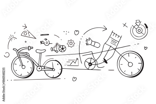 A dark, sketchy illustration of a tandem bicycle with various abstract elements suggesting movement and ideas