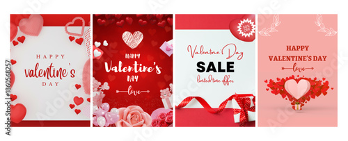 Collection of festive valentine's day cards and sale banners with hearts and love themes