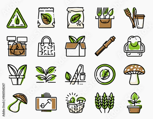 Eco Friendly Biodegradable Product Line Art Icon Set of 12