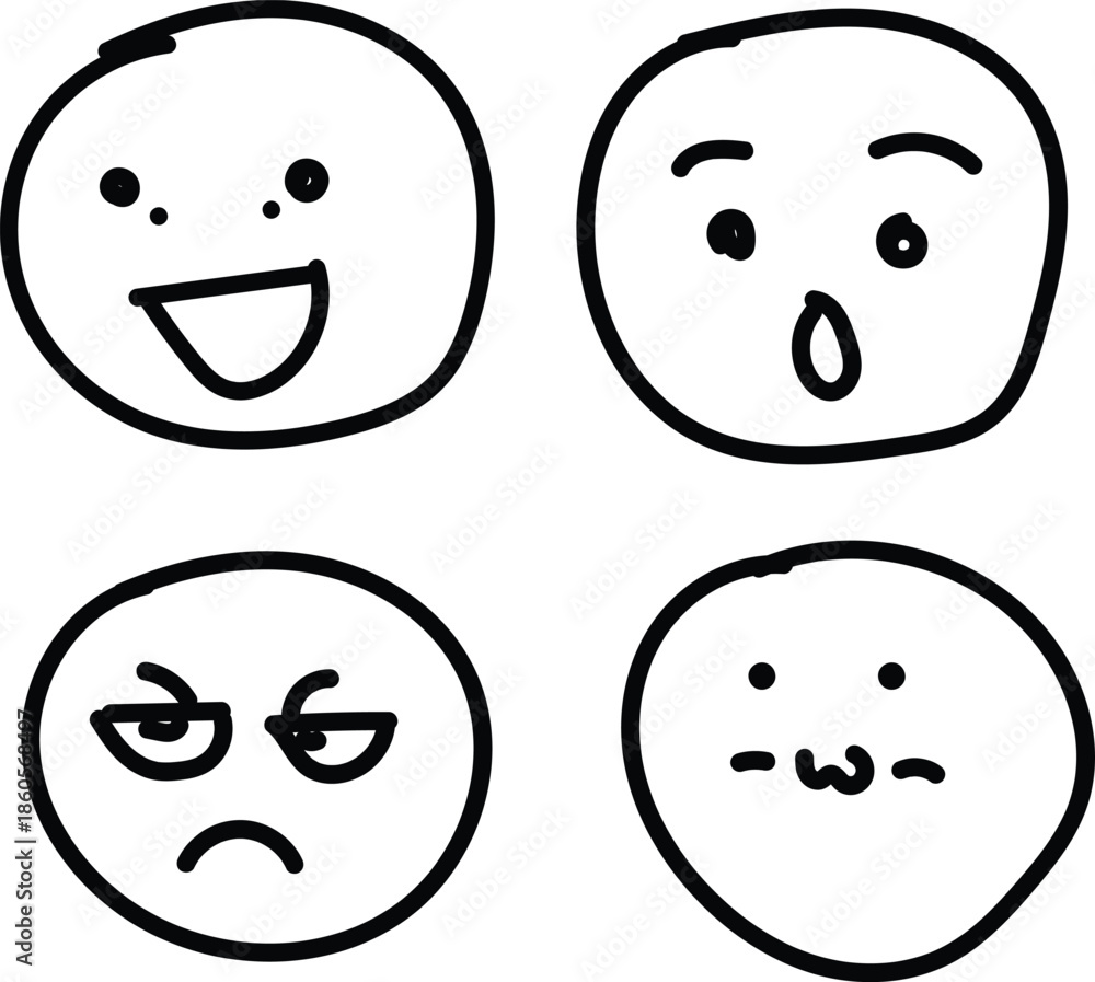 Fototapeta premium Cute Hand Drawn Emoji Faces with Different Expressions