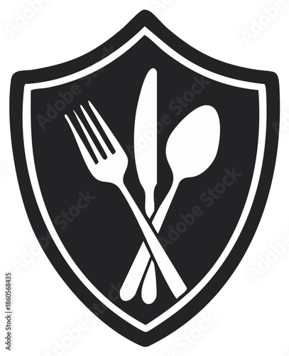 Simple Fork Knife and Spoon Crossed in Shield Symbol Restaurant Icon Food Service Graphic