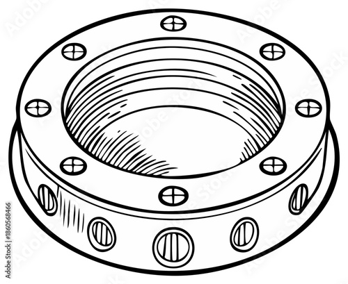 Industrial metal ring illustration with screws and threaded inner surface mechanical part