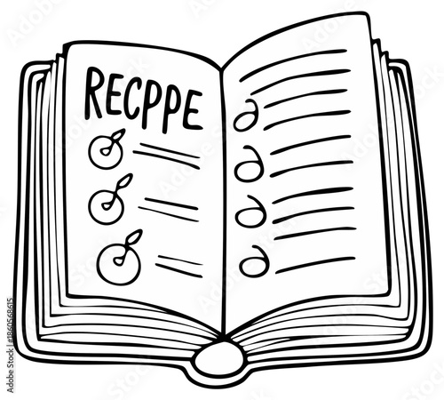 Hand drawn open recipe book with handwritten ingredients and cooking notes on lined pages