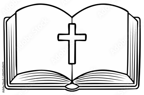 Open book with Christian cross symbol on pages black and white illustration