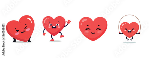 Cute cartoon red hearts with faces and playful expressions