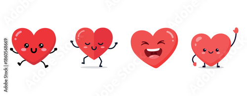 Cute animated hearts with expressive faces and limbs on white background