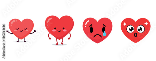 Cute heart characters expressing joy, sadness, surprise, and happiness