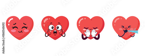 Four heart emojis displaying different emotions on white background
