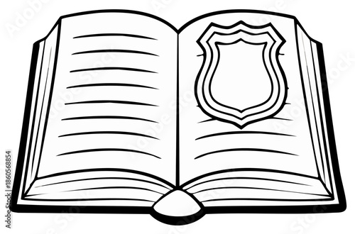 Open Book Displaying a Badge, Illustration of Law, Justice, Safety, Security Concept