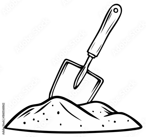 Line art drawing of a garden shovel digging into a mound of earth, simple outdoor tool concept