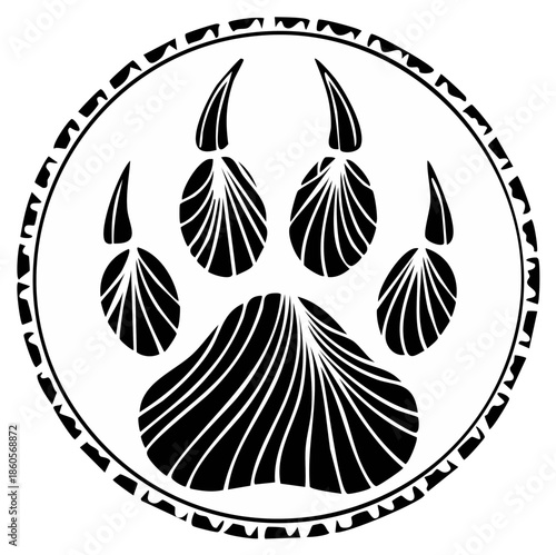 Stylized black animal paw print with claws and pads inside decorative circular frame graphic