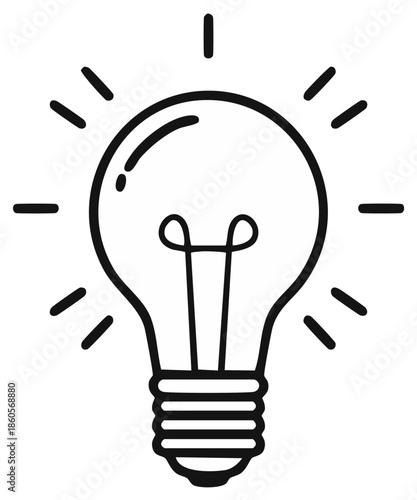 Simple line drawing of a glowing light bulb radiating light symbolizing a new idea or inspiration