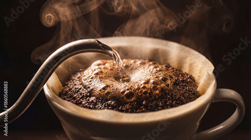 Hot Water Pouring On Coffee Grounds Creating Bloom In V60 Dripper