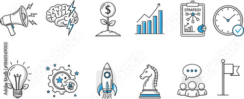 Business icons, strategy symbols, innovation concepts, productivity visuals, financial growth, teamwork, planning, eco ideas, success, flat vector illustration