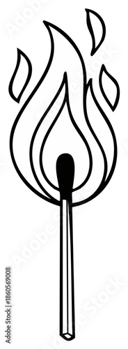 Matchstick flame illustration, outline drawing of a lit matchstick, fire and heat graphic, burning safety concept, wood match outline