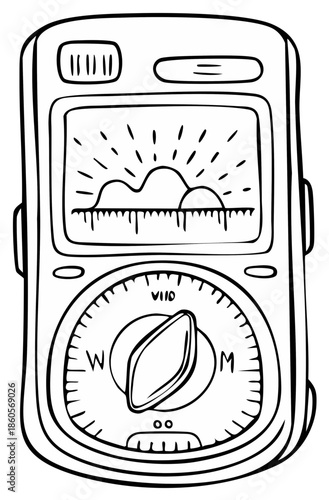 Hand drawn doodle-style compass illustration showing mountains and cardinal directions for finding and navigating.