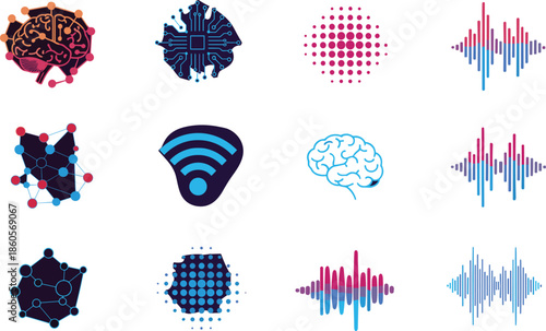Artificial intelligence, neural network, data visualization, signal processing, digital t vector illustration