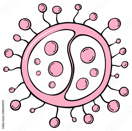 Abstract Pink Cell Illustration with Spikes and Internal Bubbles Yin Yang Design