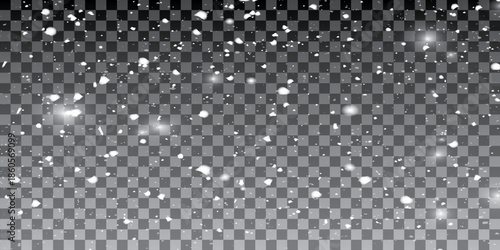 Falling snow dust and snowflake overlay. Transparent white winter background with realistic snowfall for festive design.