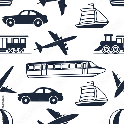Ultra vector illustration of various transportation vehicles and logistics symbols for urban mobility and shipping services.