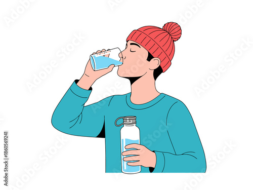 Young Person in Beanie Drinking Water from Glass and Holding Reusable Bottle Hydration Concept