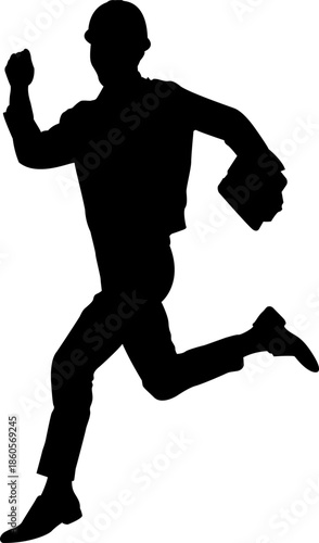 Captivating black silhouette of a running professional carrying a laptop bag. Ideal for concepts of job urgency, career growth, construction management, and fast-paced corporate business success.