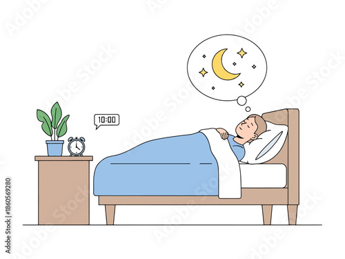 Person Lying in Bed at Night Dreaming of Crescent Moon and Stars