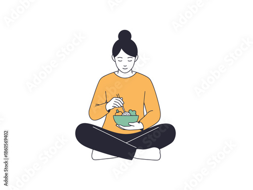 Person Meditating and Eating Salad Healthy Lifestyle Concept