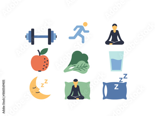 Healthy Lifestyle Icons Exercise Nutrition Sleep and Meditation