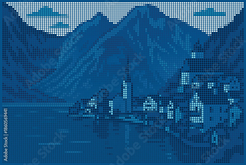 Hallstatt Village in Austrian Mountain Valley Halftone Poster Illustration