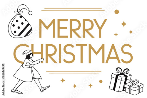 Charming minimalist illustration announces Merry Christmas with festive elements and gifts.