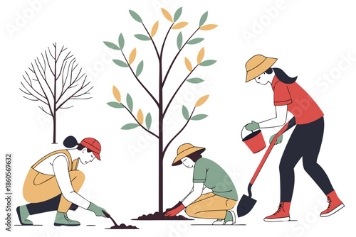 Diverse group of people planting a tree together in a collaborative effort for nature.