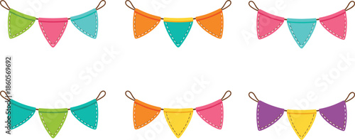 Colorful bunting flags collection featuring various triangular garland banners for birthday parties celebrations festivals and festive holiday event decoration vector illustration design.