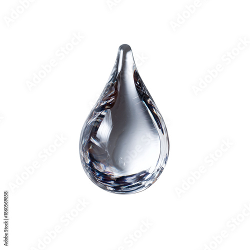 A single clear liquid water droplet with realistic reflections and highlights isolated on transparent background