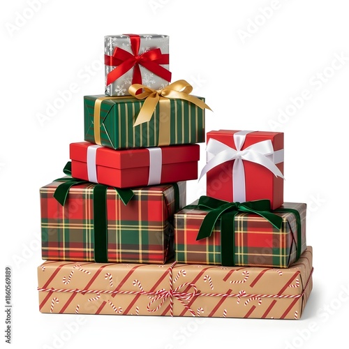Stack of wrapped christmas presents with festive ribbons and bows on white background, holiday gifts ready for celebration and joy