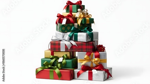 Tower of stacked christmas gift boxes in various sizes and wrapping papers with ribbons and bows on white background