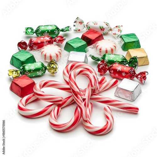 festive christmas candies and candy canes scattered on white background, collection of holiday sweets wrapped in colorful foil