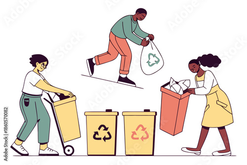 People sorting and disposing of waste into recycling bins for environmental protection.