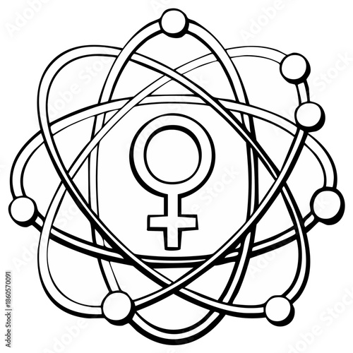 Feminist Atomic Symbol: Hand Drawn Line Art Illustration of Feminism, Science and Empowerment