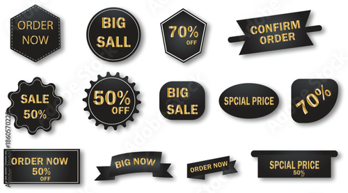 Stylish black and golden discount tags and sale banners for e-commerce promotion