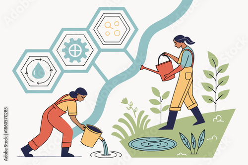 Two individuals working together to water plants and manage water resources.