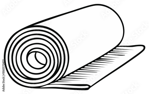 Rolled-up yoga or exercise mat in black and white line art illustration