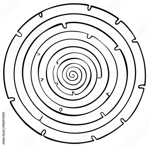 Circular labyrinth puzzle with spiral center to solve, find the way, black and white illustration