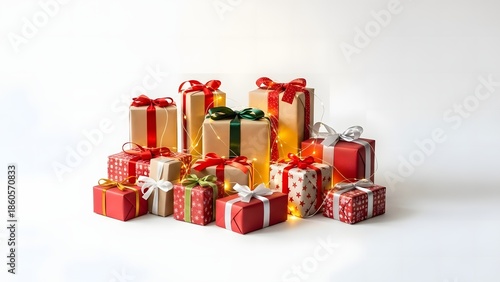pile of beautifully wrapped christmas gifts with red and gold ribbons illuminated by warm string lights