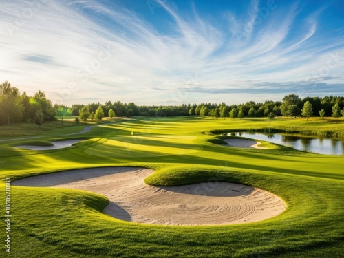 A serene golf course with sand trap and pond on a sunny day with blue sky