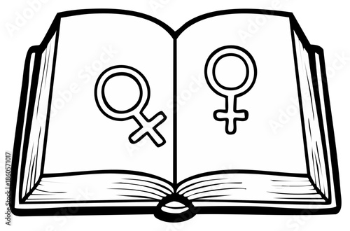 Open book displaying female gender symbols on pages, symbolizing knowledge and identity